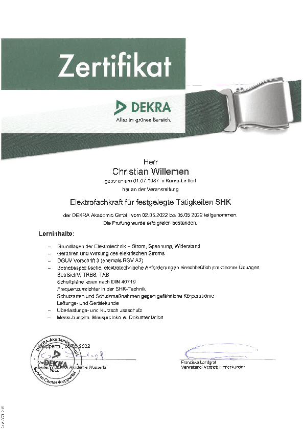Zertifikat für Elektrofachkraft